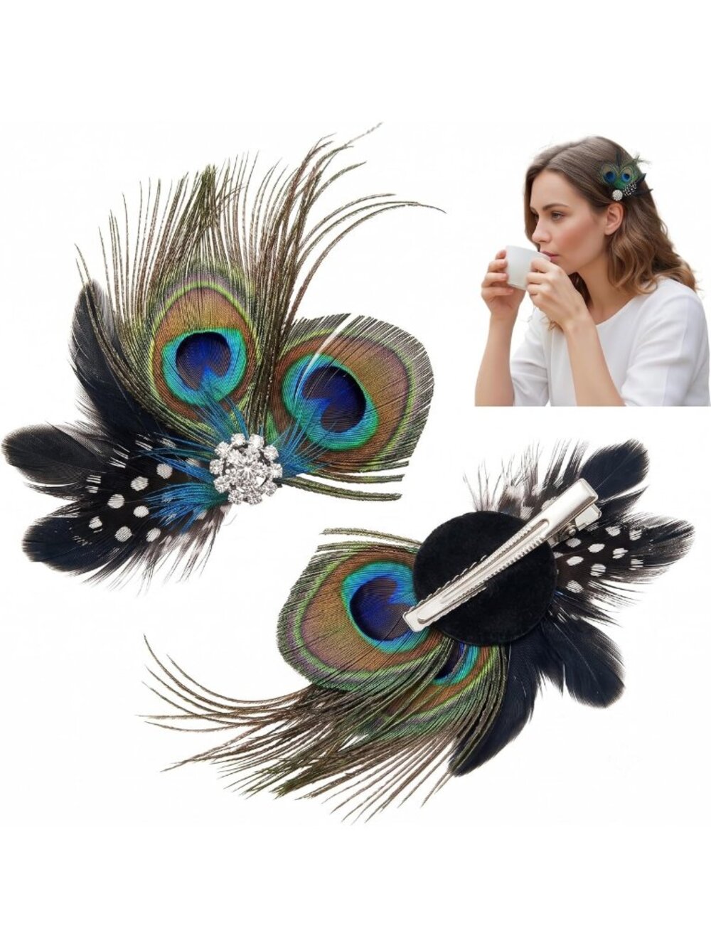 Elegant Feather Peacock Hair Clips - 2pcs Vintage Rhinestone Fascinator for